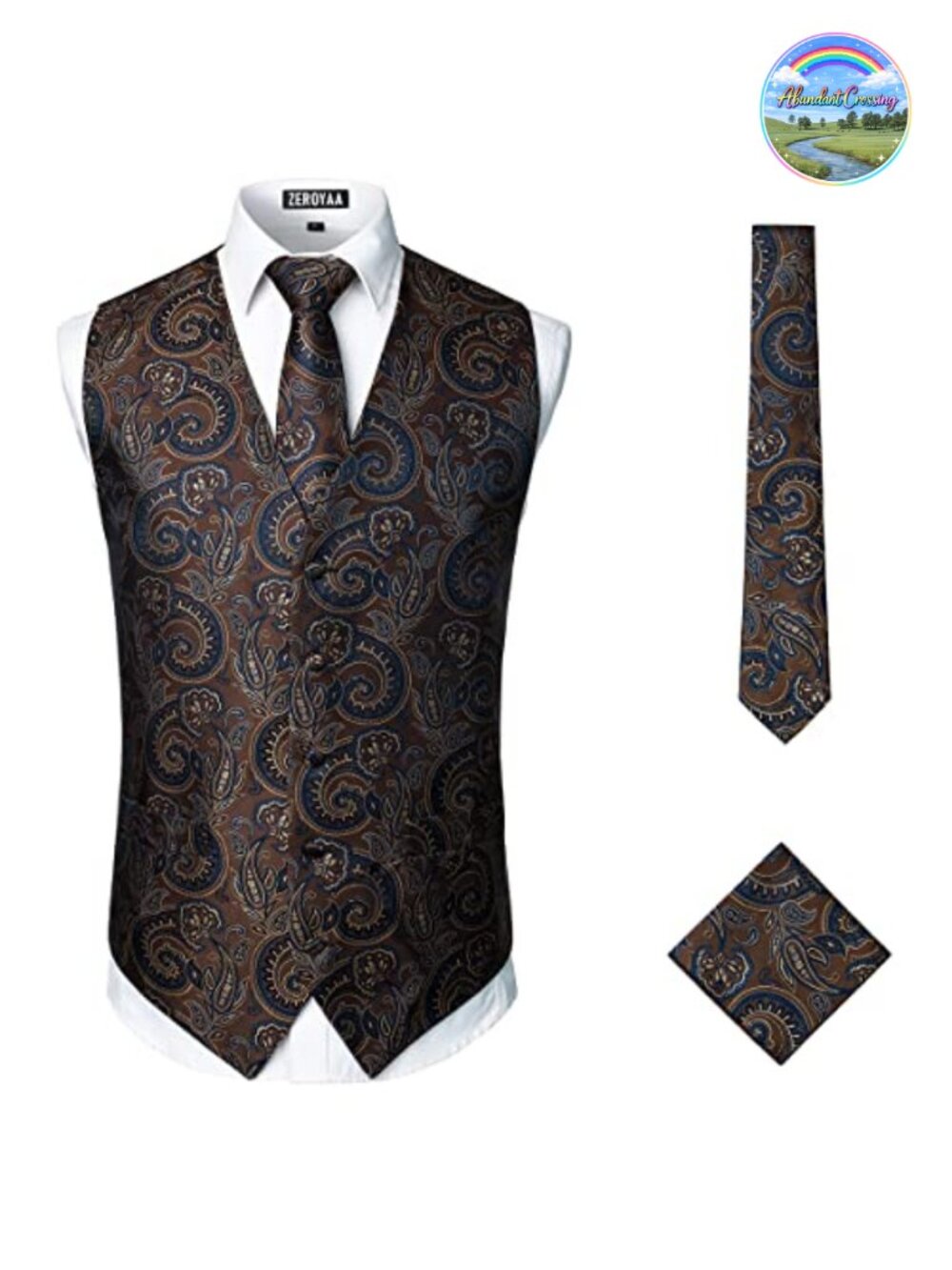 Mens Classic 3pc Jacquard Paisley Vest Set with Tie and Handkerchief